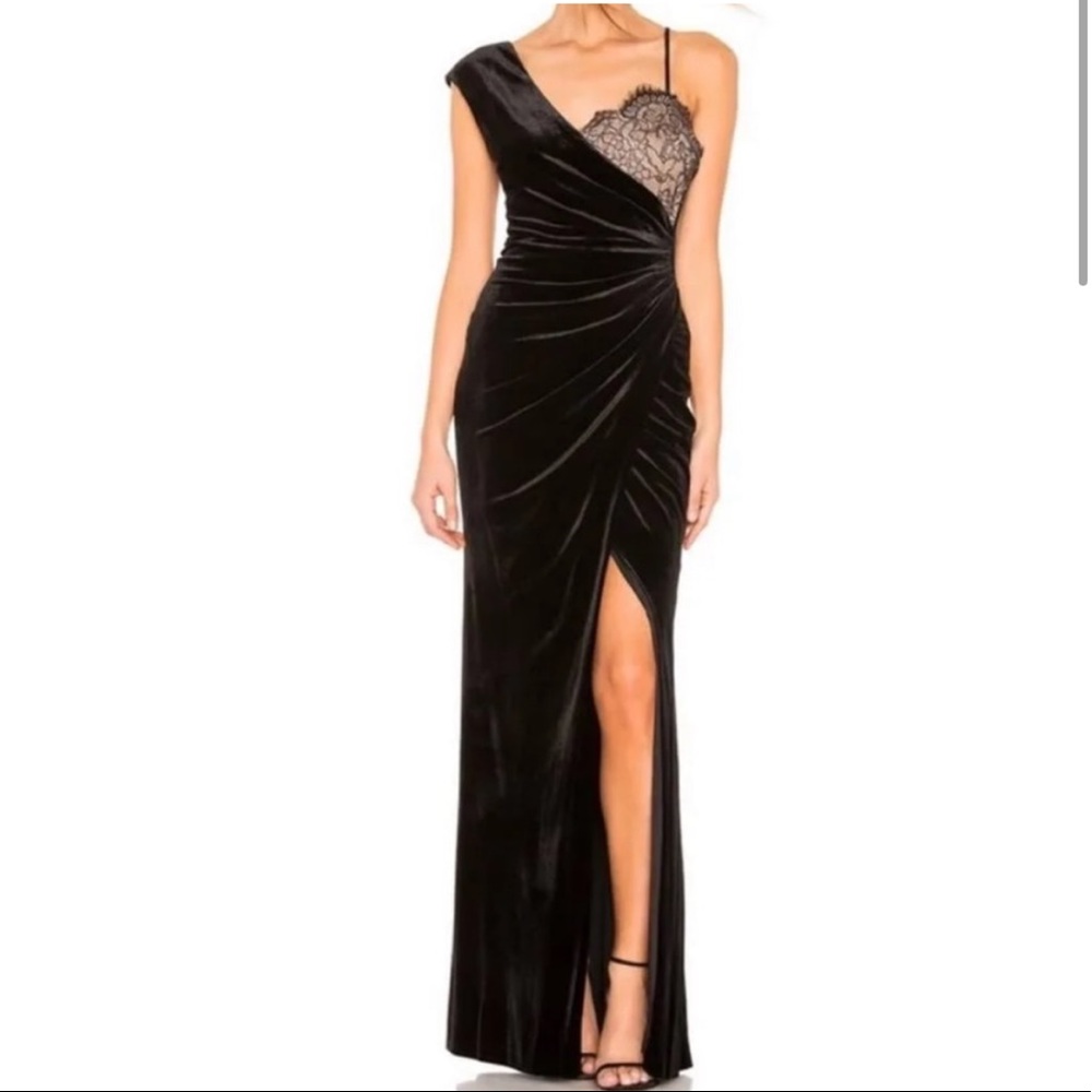BCBG Velvet Lace Bust Asymmetric High Slit Gown Black
